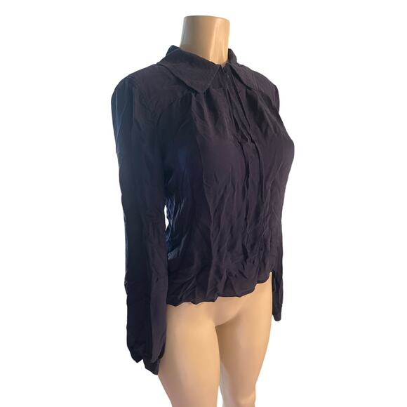 Women 10 Tory Burch 100% Silk Navy Blouse Shirt Top Collared Button Tie Neck - Picture 1 of 7
